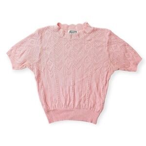Vintage Kenneth Too Pink Pointelle Mock Neck Knit Top Made in USA 90s XS S
